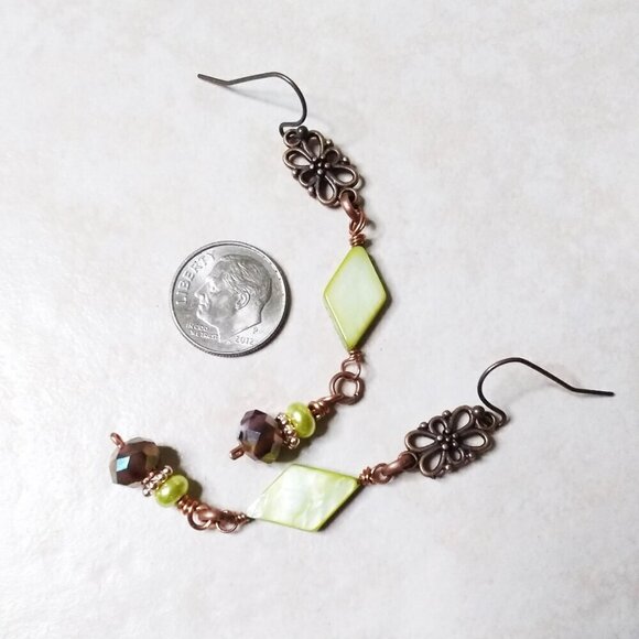 Pale Green [almost Chartreuse] Millefiori Glass + Copper! X-Long & Lightweight! - Picture 6 of 8